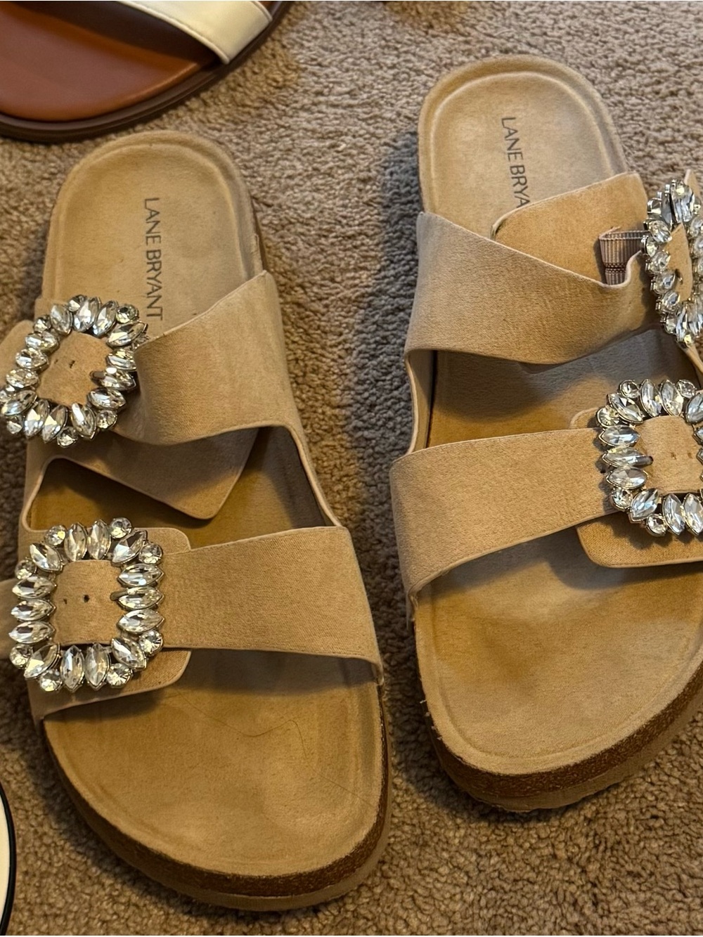 Lane Bryant Beige Suede Slide Sandals with Crystal Buckles